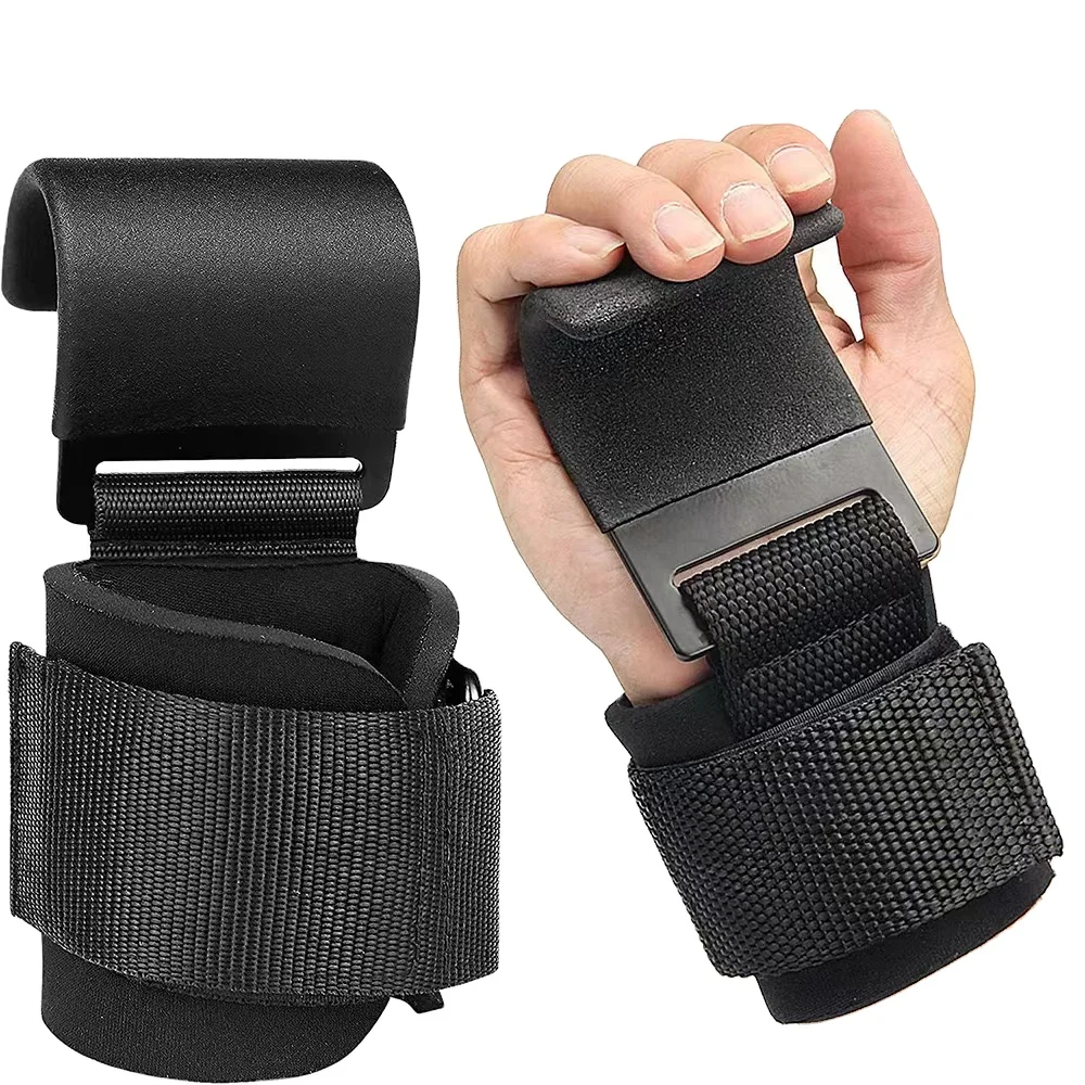 Lifting Hooks With Thick Padded Adjustable Neoprene Wrist Wrap Support. Non-slip Heavy Duty Coated Steel Power Weight Lifting