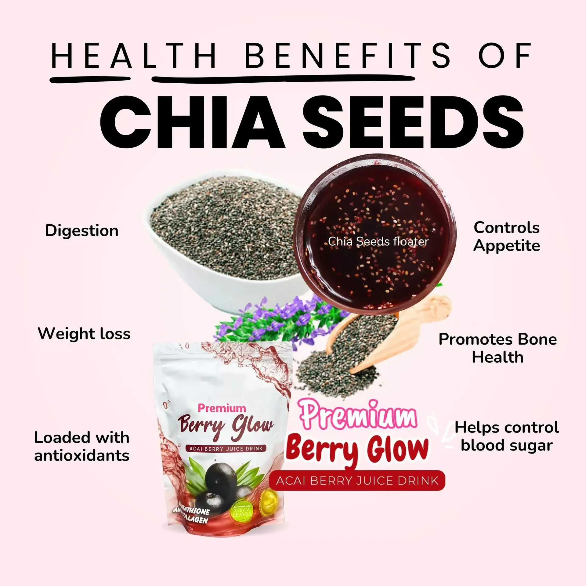 Premium Acai Berry Juice Drink Loaded With Antioxidants Collagen Glutathione Glow Health Powder
