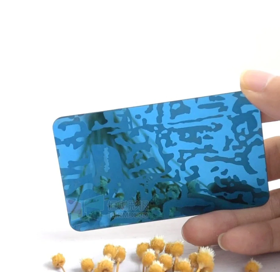 blue color 8k mirror finished ASTM 304 etched pattern stainless steel sheet