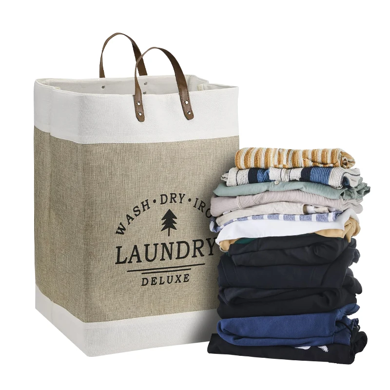 Collapsible Laundry Basket Cotton Canvas Printed Patchwork Laundry Hamper Household Storage Organizer Basket with Handle