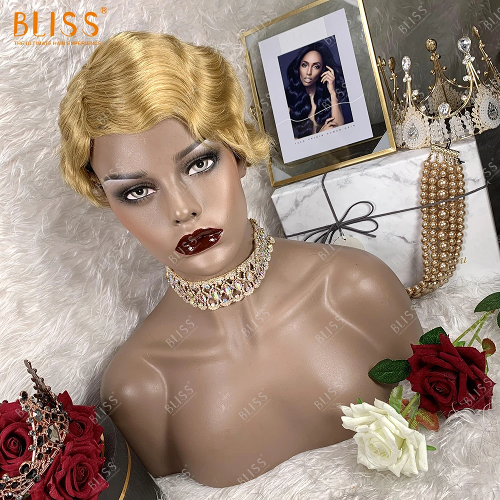 Bliss Finger Wave Wigs 613 White Golden Blonde Wig Short Pixie Cut Blonde Real Remy Human Hair Wigs for Black Women