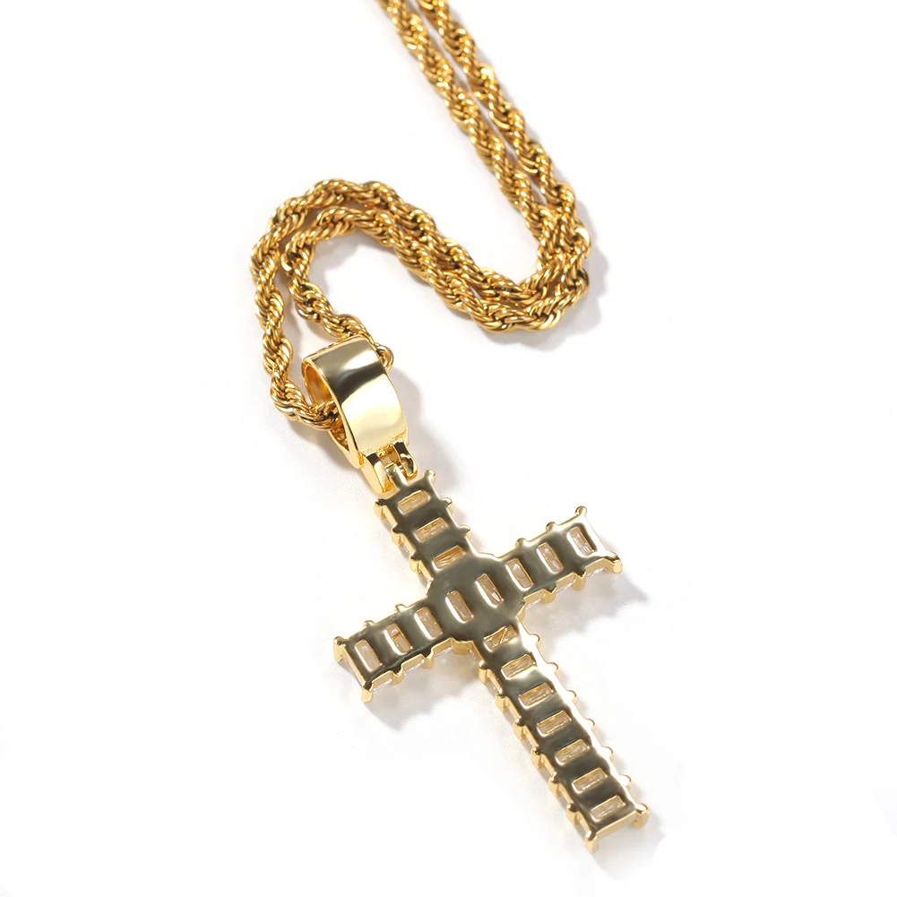 UWIN Hip Hop Gold Plated 5mm Baguette CZ Cross Charm Pendant Golden Bling Rapper Cross Pendants Necklace