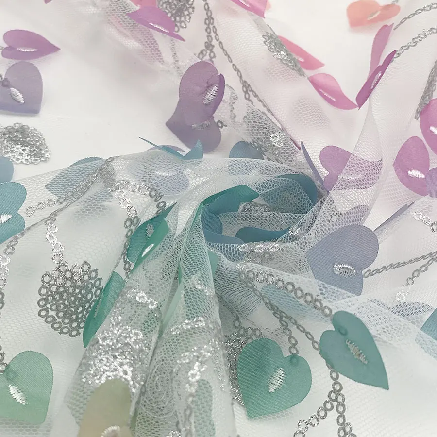 New design beautiful multicoloured laser 3D heart-shaped leaf argent powder sequins glitter tulle mesh embroidery fabrics
