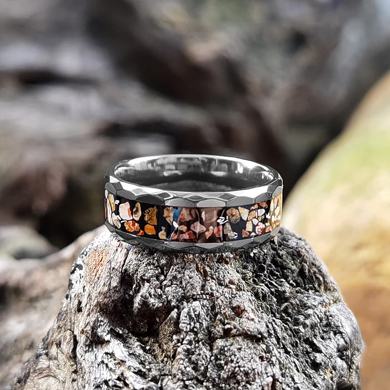 Unique and Stylish black zirconium Tungsten Carbide Ring with Dinosaur Bones Inlay titanium ring for Men