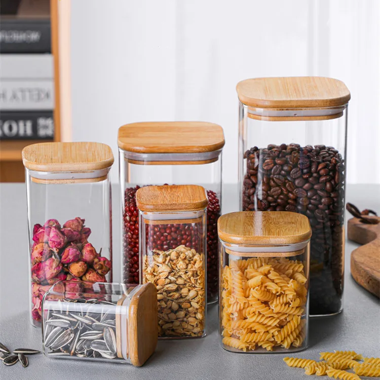 Wholesale Storage Jars Glass Kitchen Food Spice Cookie Sugar Coffee With Wooden Cover Bamboo Lids Cork Customized Jars