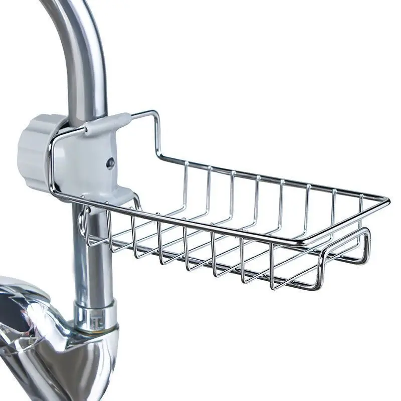 Stainless Steel Kitchen Faucet Shelf Sink Organizer with Dishwashing Draining Rack and Hanging Basket for Household Use