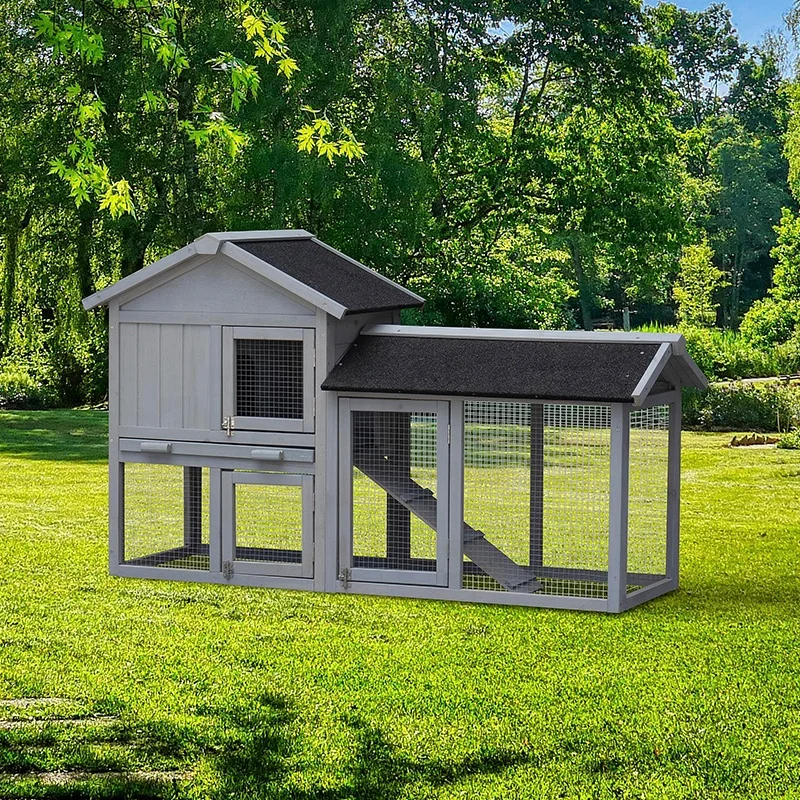 Rabbit Hutch Outdoor 2-Tier Bunny Cage with No Leak Plastic Tray Rabbit House for Rabbits Chicks Easy Assembly Grey