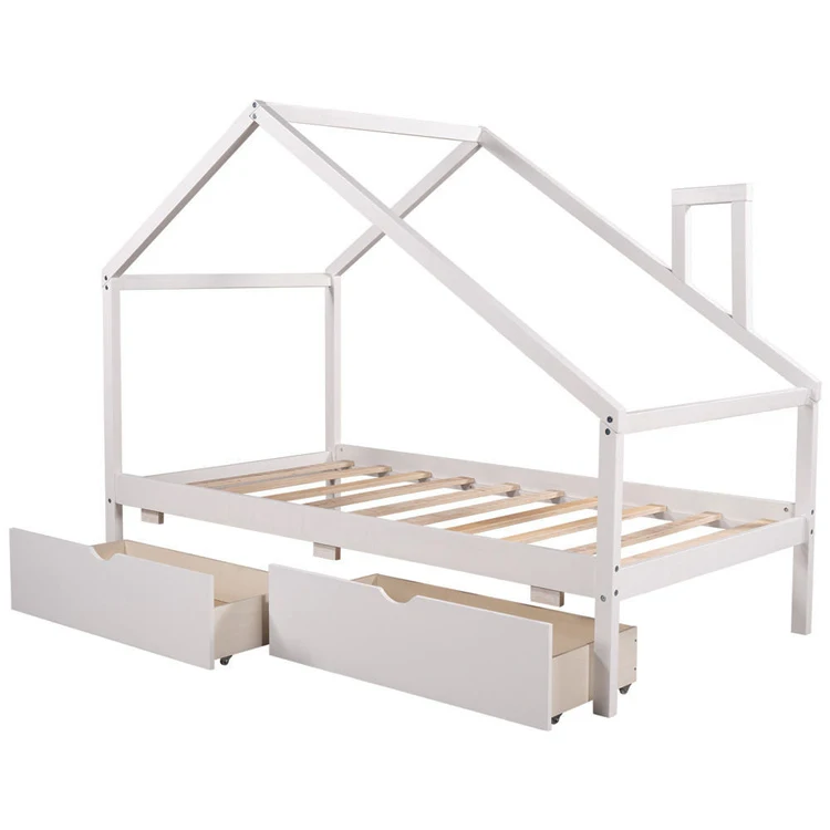 Bedroom House Roof Shape Wooden Frame Kids Boys Girls Teens Toddler Children Daybed Montessori Floor Bed with Drawers