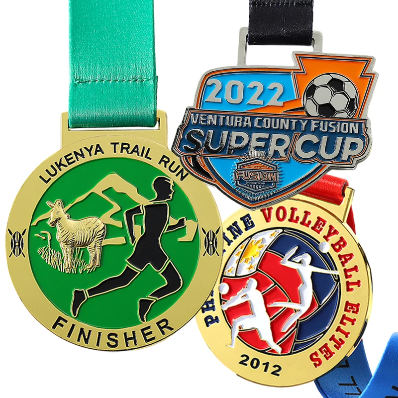 Hot Running Marathon Medal 3D Enamel Zinc Alloy Metal Medal Sport Gold Silver Volleyball Football Soccer Medals with Free Ribbon