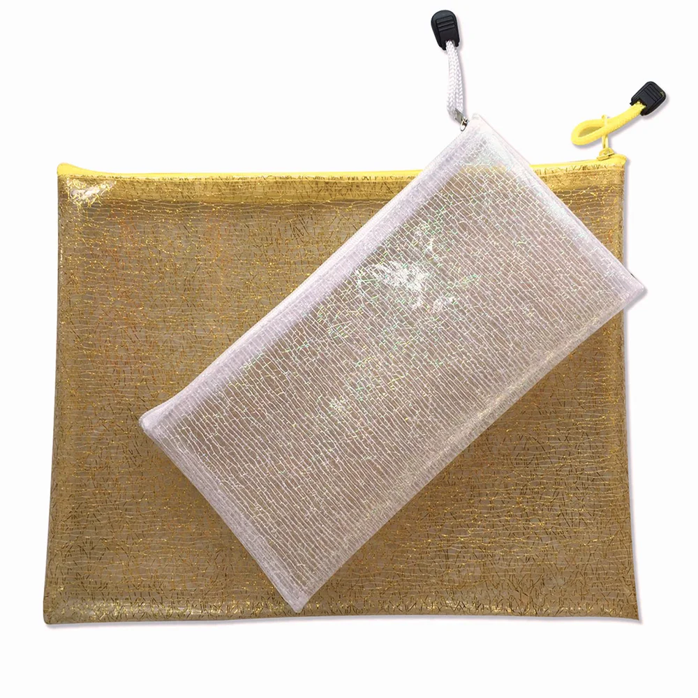 New design A4 A5 Color Clear Biodegradable Glitter Eva gold mesh zipper bag stationery file folder organizer pouch