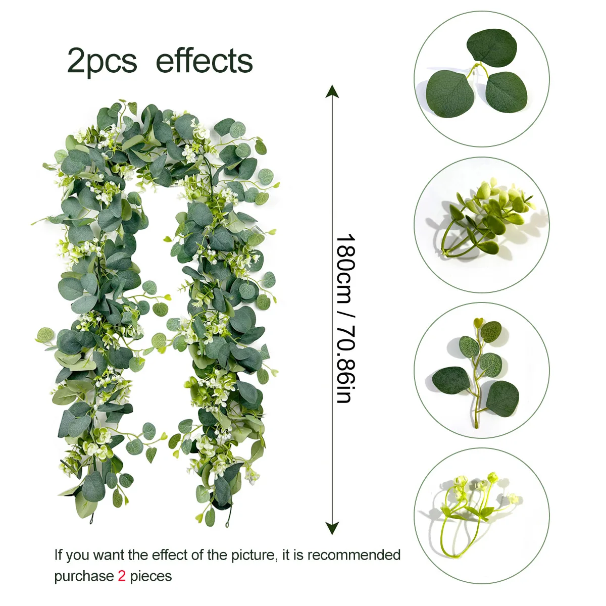 70in/5.9ft Plastic Eucalyptus Garland Artificial Flower Camellia Rattan Faux Greenery DIY Leaf Vine for Home Indoor Front Decor