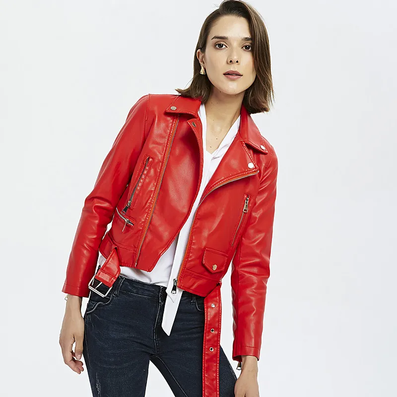 
New Arrive Motorcycle Style Belt Faux Leather Jacket For Women 