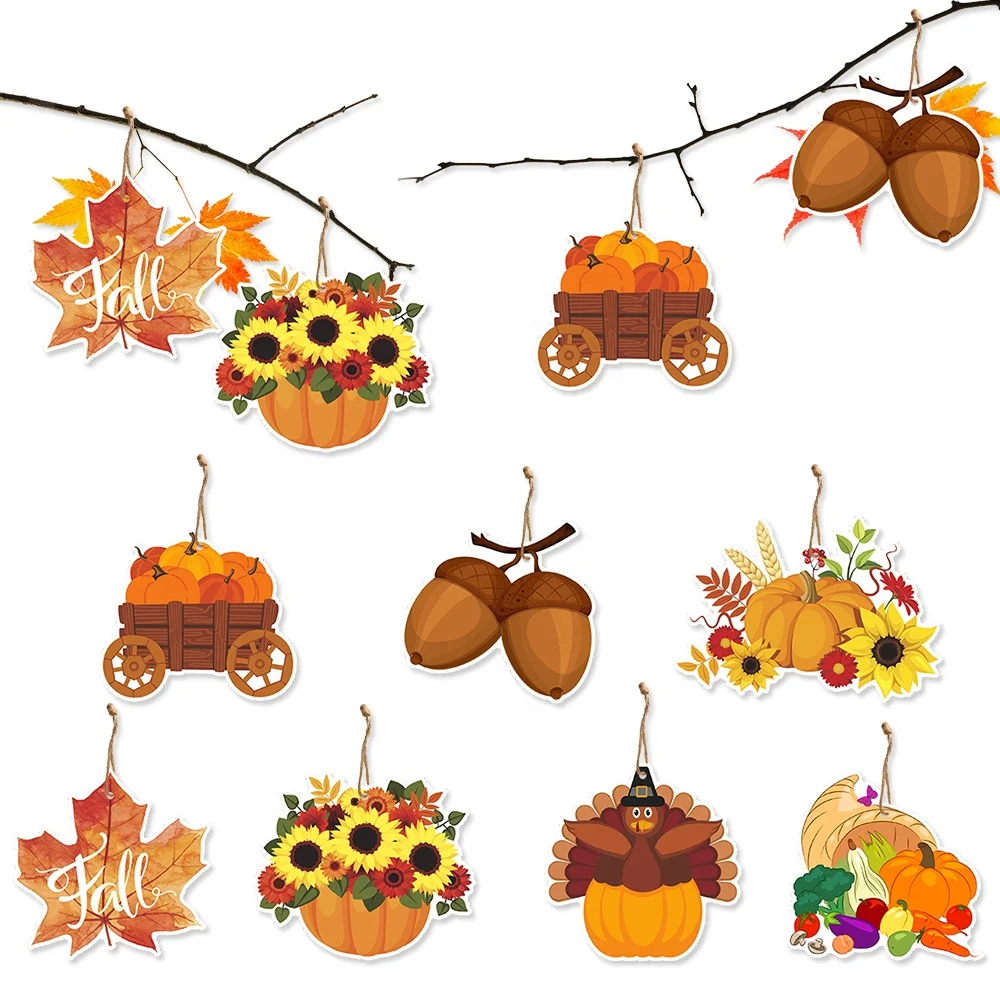 Hot Sale 14pcs Fall Paper Ornaments Pumpkin Maple Leaf Thanksgiving Hanging Decor with Hemp Ropes for Happy Fall Party Supplies