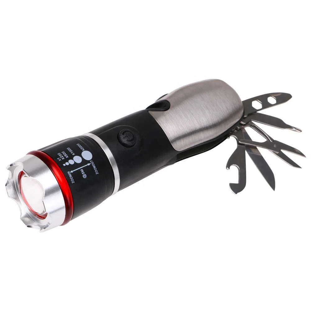 9 in 1 Multi-tool LED Tactical Flashlight Zoomable Focus Lamp Torch Hammer Cutter Scissors Lantern for Outdoor Camping Survival