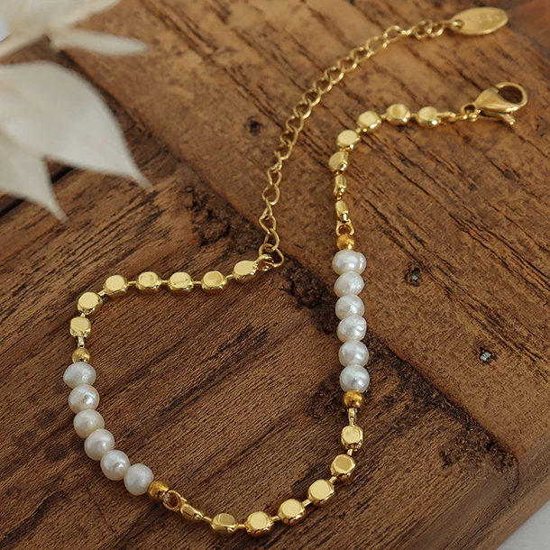 Trendy Jewelry Simple Brass Bead Freshwater Pearl Bracelet Non Tarnish 18k Gold Plated Beaded Bracelets MK4167