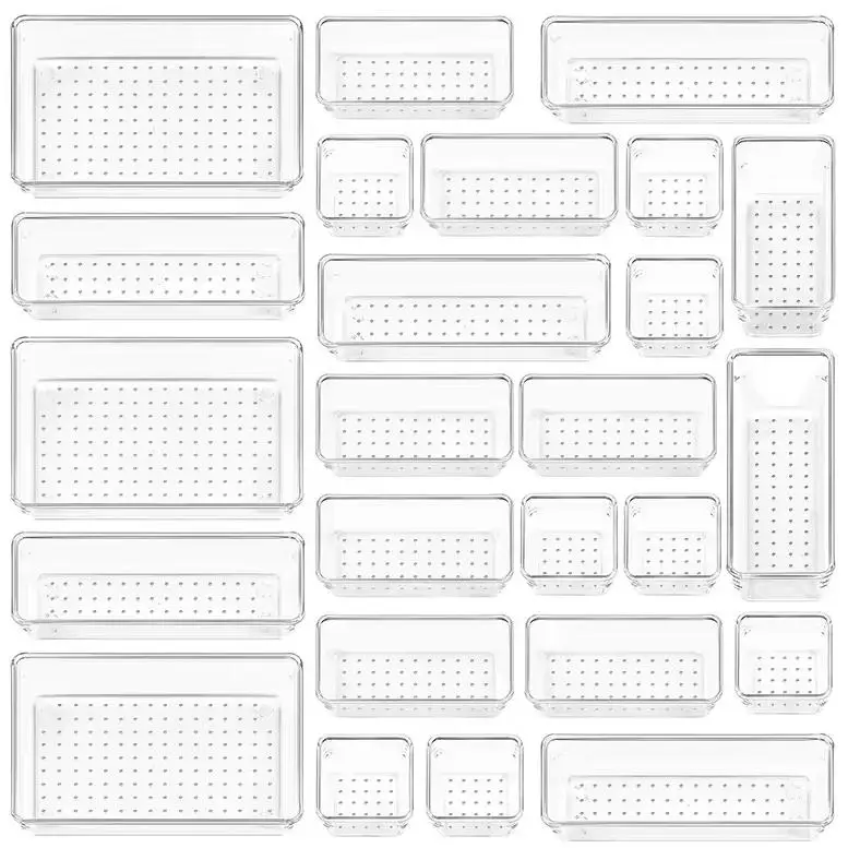 25 PCS Clear Plastic Drawer Organizers Set, 4-Size Versatile Bathroom and Vanity Drawer Organizer Trays, Storage Bins for Makeup
