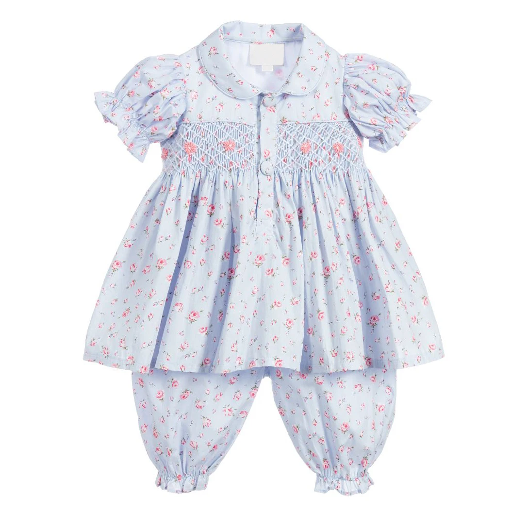 Kids clothing boutique floral embroidered cotton hand smocked pajamas baby clothes
