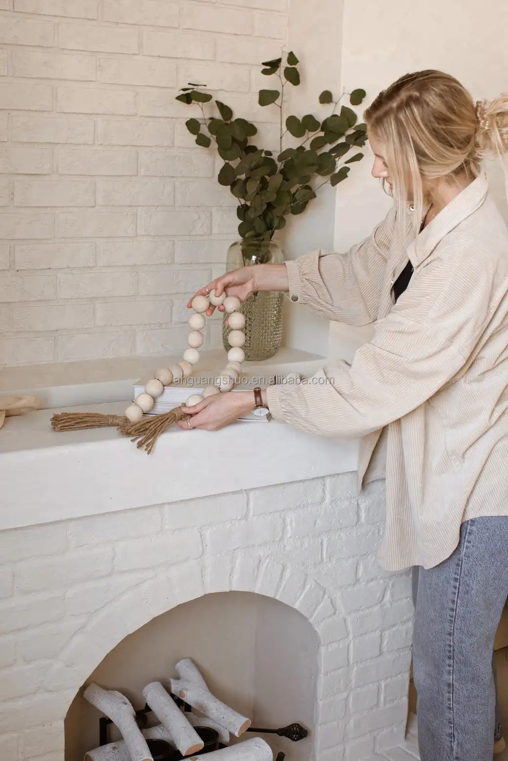 Oversized Farmhouse Beads/Rustic Farmhouse Decor Decorative With Twine/Wood Bead Garland with Tassel