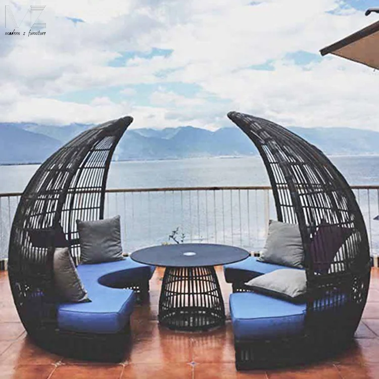 Modern Outdoor Furniture Garden PE Rattan Sun Lounger Soft Cushion Round Sun Bed Set with Aluminum Frame