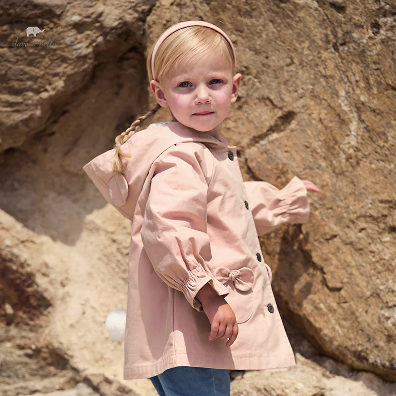 DB3242334 DAVE BELLA Children Girls Trench Coat 2024 Autumn Wear New Girl Baby Sweet Cotton Hooded Coat
