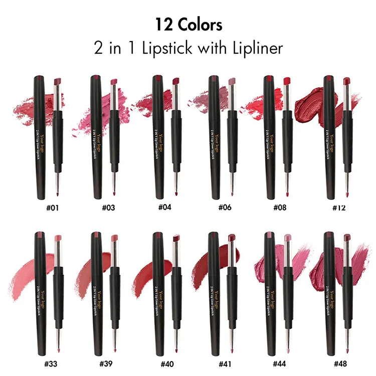 Низкий минимальный заказ 12 видов цветов 2 в 1 Lipliner, поставщик макияжа, высокопигментная долговечная помада с фирменной ярлыком, матовая помада Lipliner