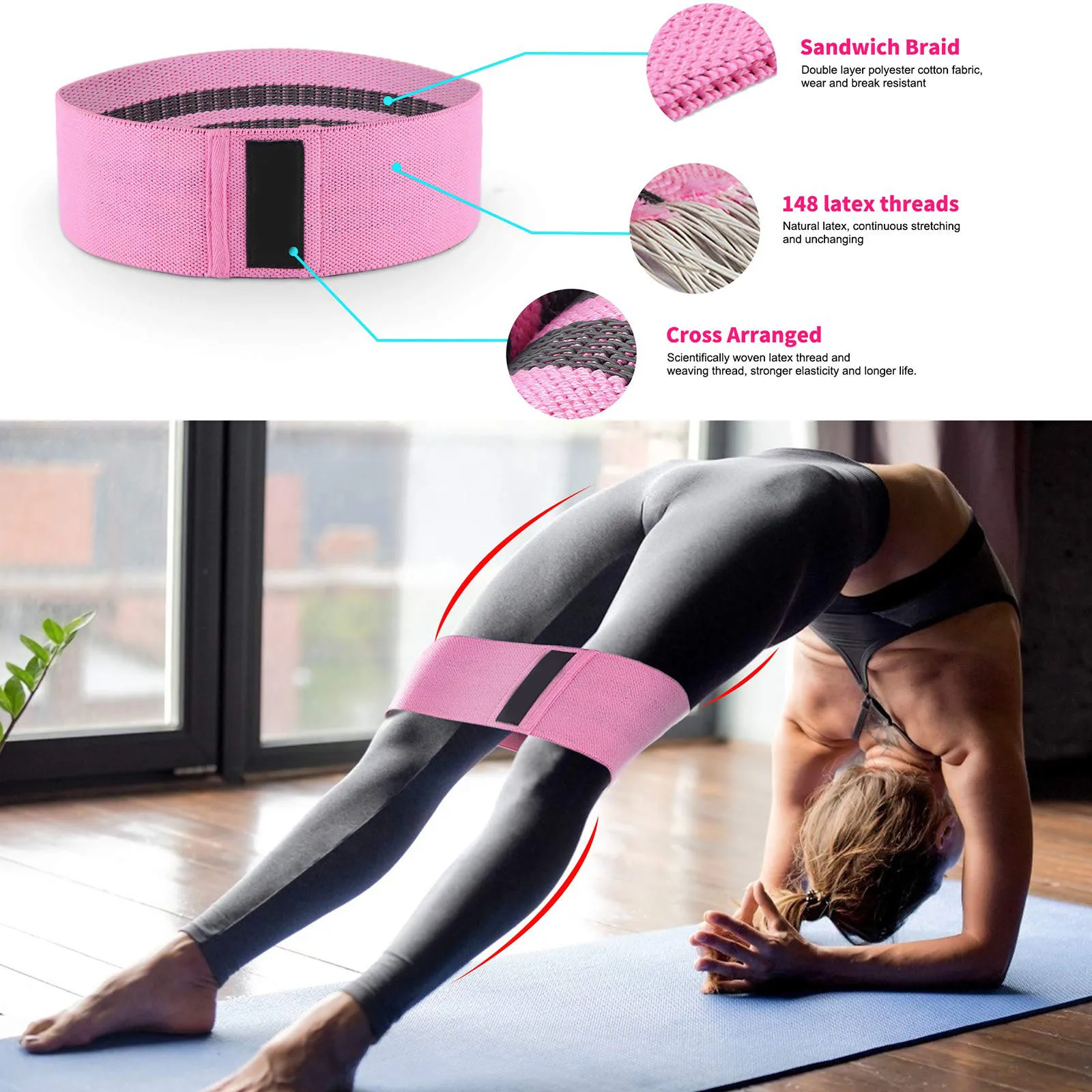 Anti Slip Glutes Pink Color Cotton Marble Fabric Fitness Exercise Mini Strength Leg Hip Booty Resistance Band