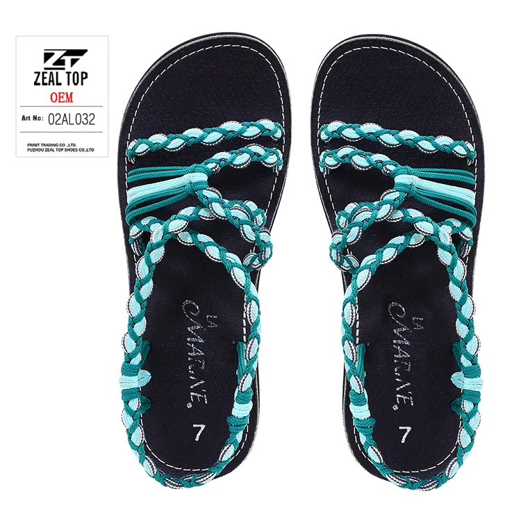 summer platform sandals pu women custom comfy flat ladies soft foot braided rope detail slide sandals braided rope sandals