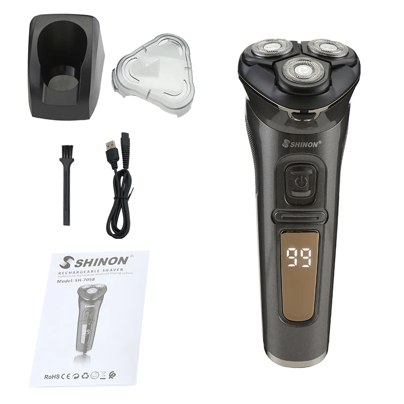 SHINON SH7058 IPX7 Electric Shaver For Men 3 Cutter Floating Head Waterproof Electric Razor With Charge Dock
