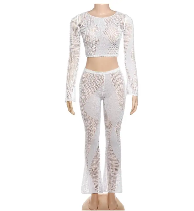 ZHEZHE HOT SALES STOCK 2Colors See Through Crochet Knitted Crop Top And Long Pants Two Pieces Set Women Clothes