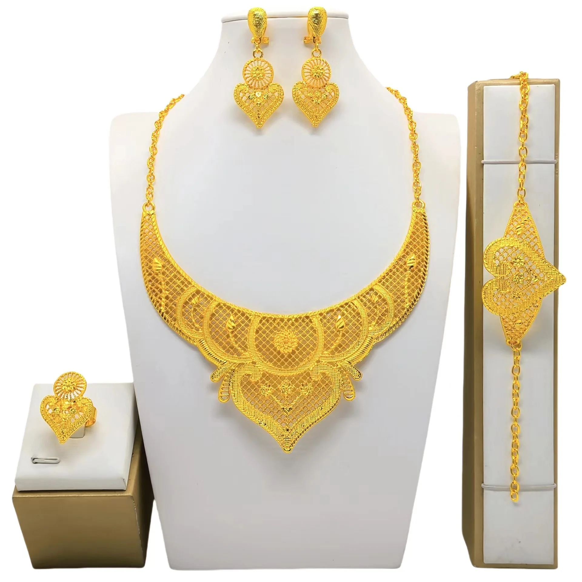 24K Gold Plated Jewelry Set Dubai Women Necklace Bracelet Earrings Ring Middle East Wedding Fashion Jewelry Sets