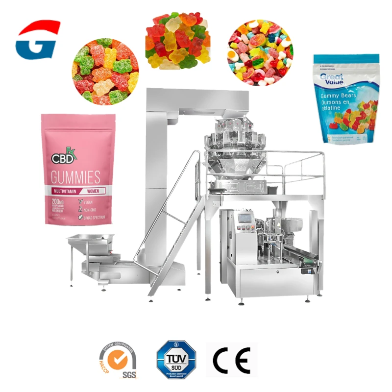 multi-function weighing filling packing machine premade zip lock zipper doypack gummy bear candy weight packaging machine.