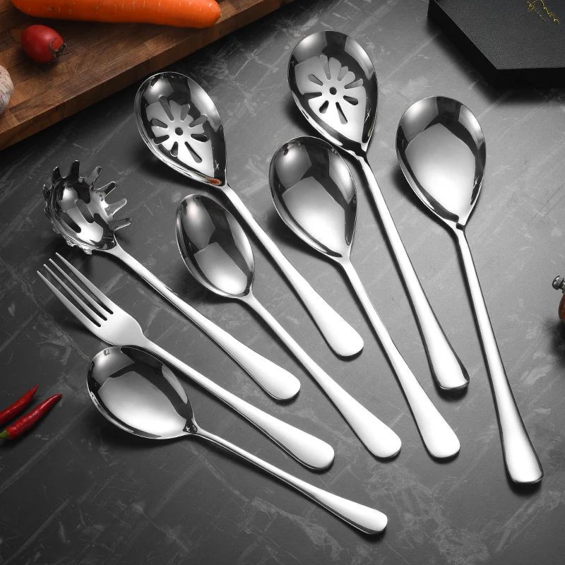 Hotel Long handle Stainless Steel Buffet Spoon Fork Cutlery Rice Salad Big Serving Spoon And Fork Cutlery for Restaurant