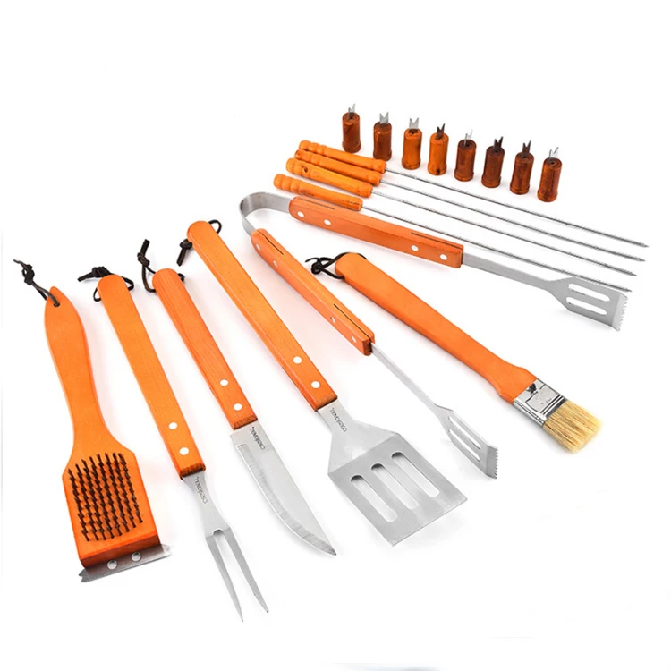 Набор инструментов для гриля из нержавеющей стали с деревянной ручкой, набор из 18 инструментов для гриля, инструменты для гриля, барбекю в пластиковой коробке