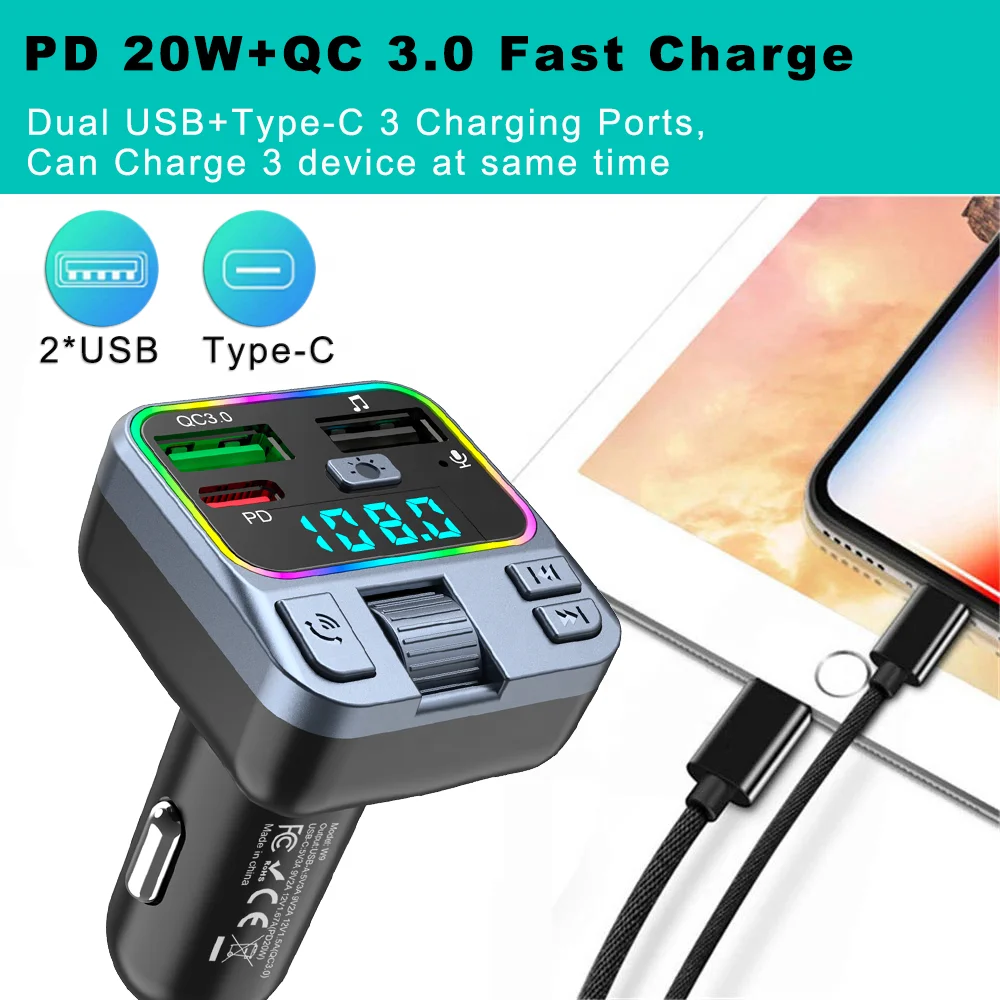 Bluetooth Car MP3 Player Kit Handsfree Audio Receiver PD 20W QC3.0 Dual Usb Car Charger FM Transmitter car mp3 player bluetooth