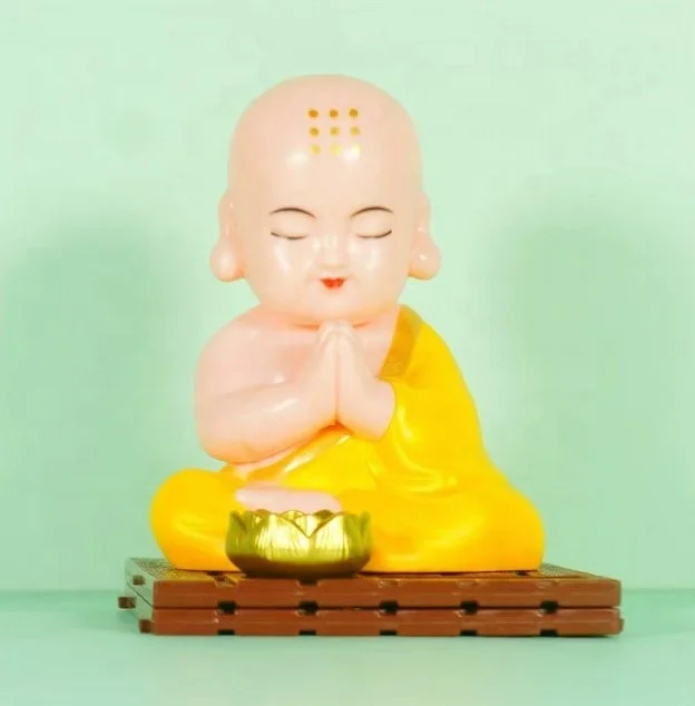 Cute Buddhist Monk Statue Solar Power Dancing Little Figurine Chinese Shaolin Sculpture for Car Garden Decor-Blue Solar Monk