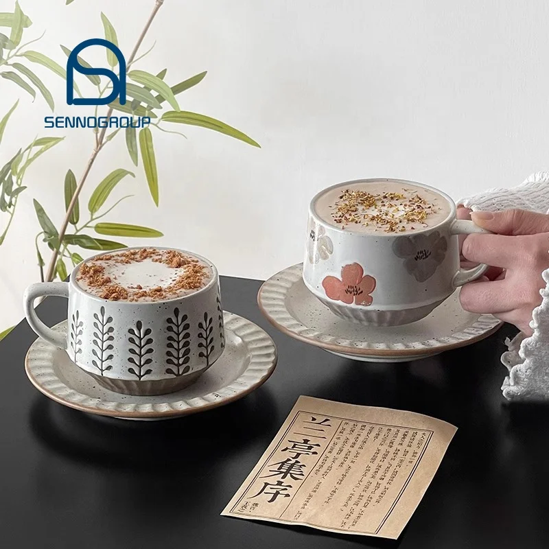 Vintage Painted Ceramic Mug Garden Style Flower Leaf Embossed Afternoon Tea Milk Cups Pottery Latte Cup For Cafe