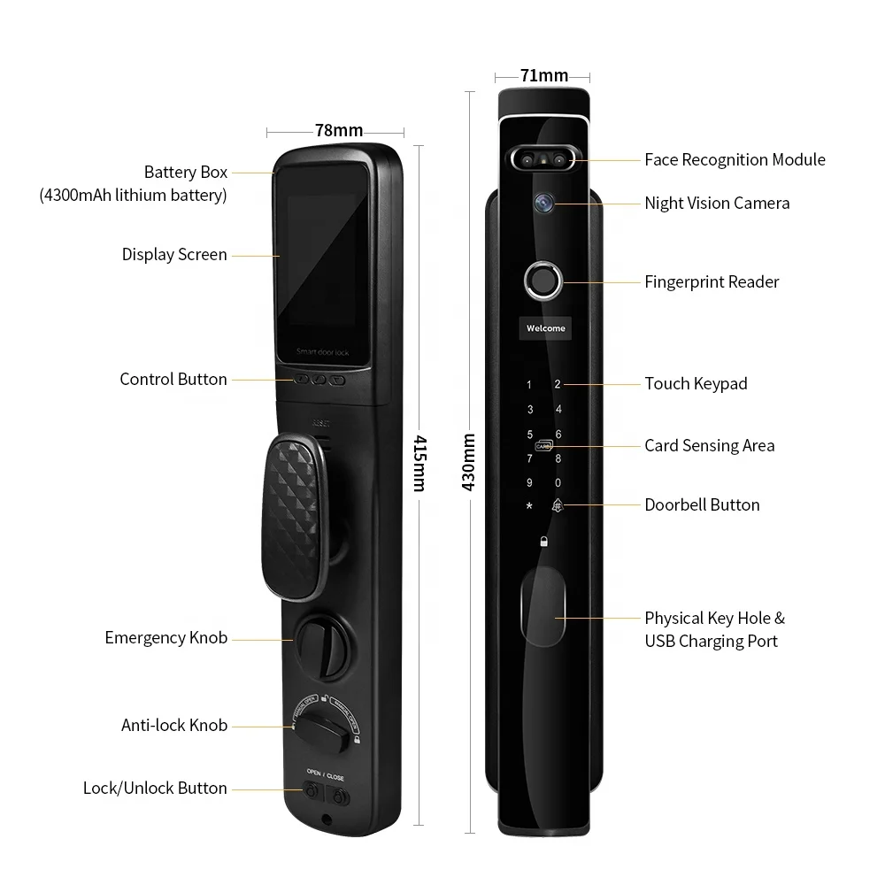 Security Smart Door Lock Cam Electric Deadbolt Peephole Camera Biometric Fingerprint Keyless Lock