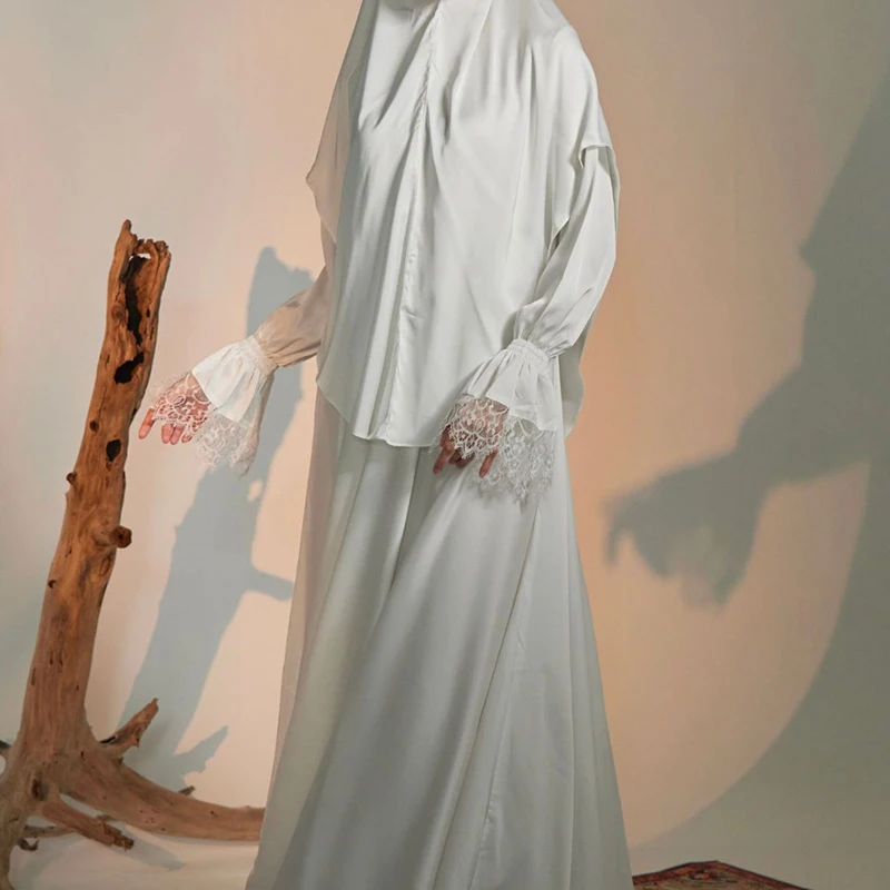New Style white silk modest luxury abaya prayer women muslim dress with satin khimar and veil