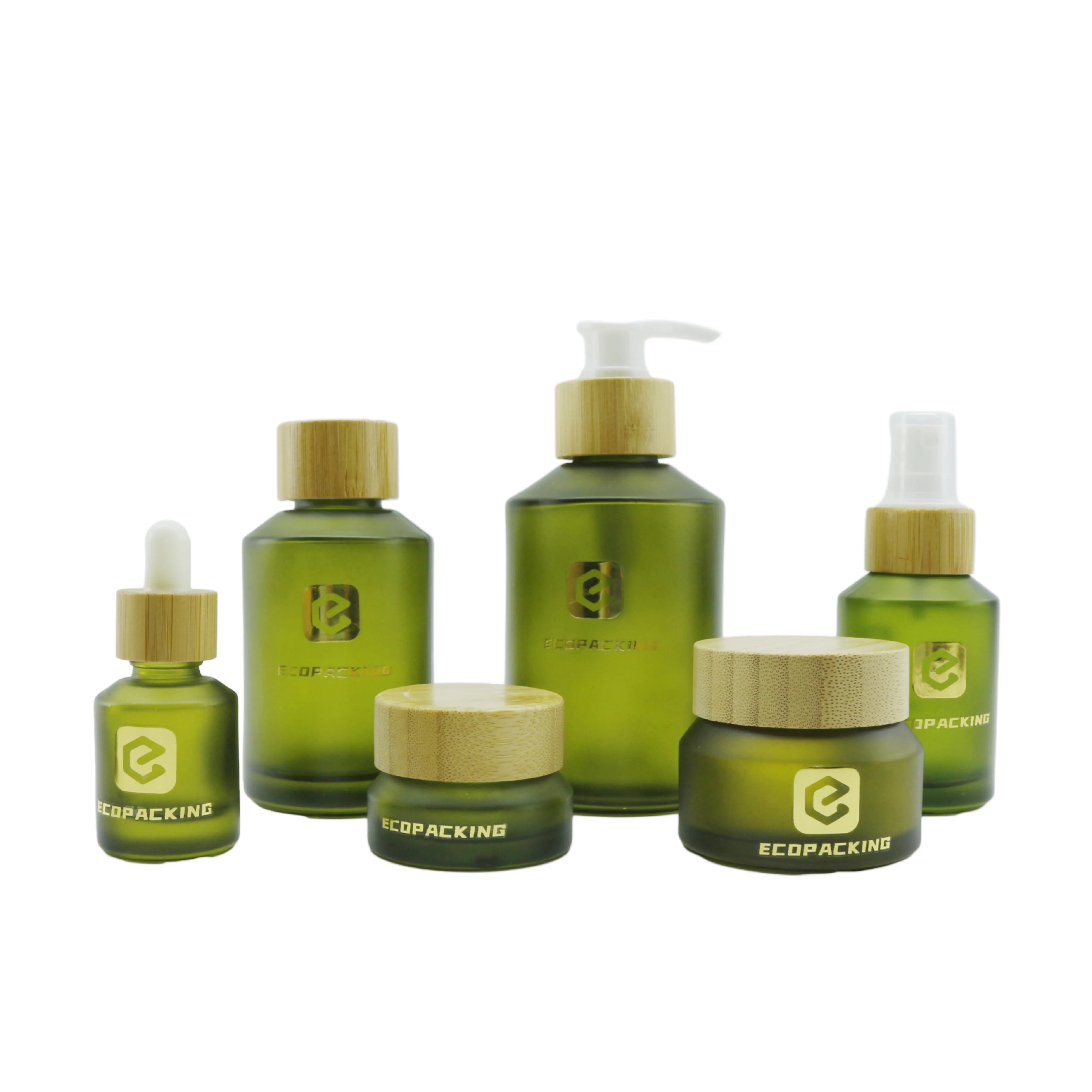 30ml 60ml 120ml 200ml green frosted slant shoulder glass dropper spray lotion pump bottle and jar for Luxury cosmetic packaging