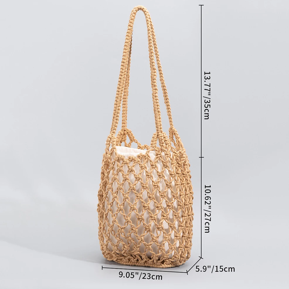 2024 Braided Bucket Bag New Cotton Thread Handmade Mesh Design Ladies Beach Shoulder Bags