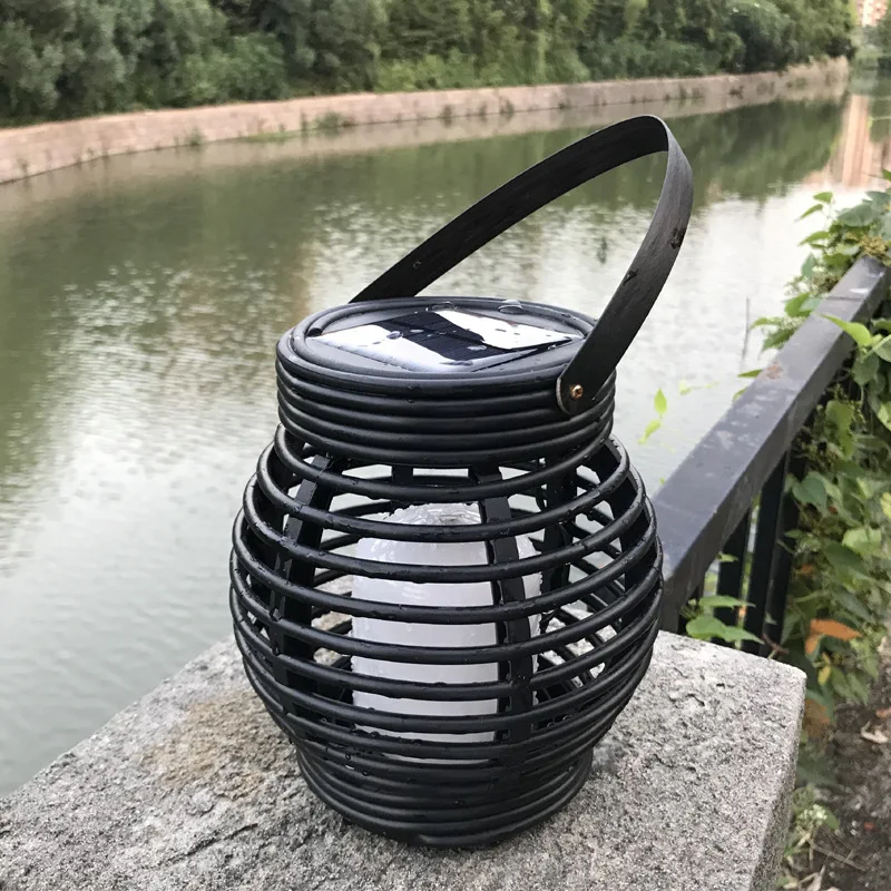 Round Rattan Lantern Solar Flame Light Powered LED Lamp Outdoor Hanging solar lamps outdoor