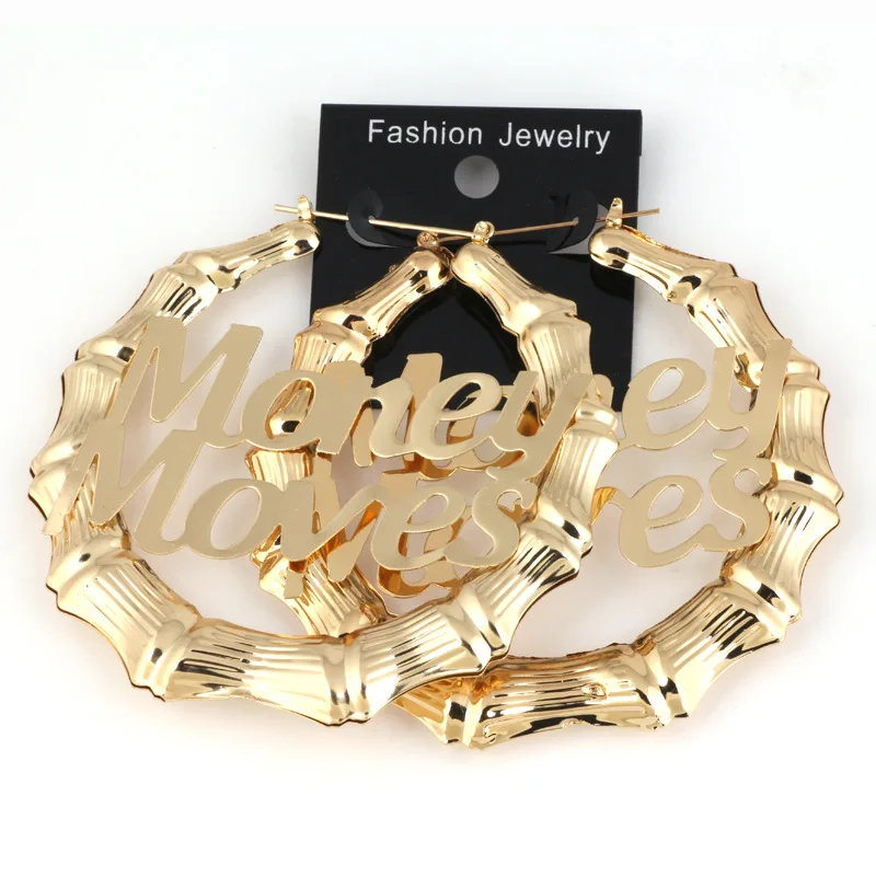 Hot Sale Custom Name Jewelry 5cm  6cm  9cm 12cm Big Hoop Double Name Bamboo Hoop Earrings For Women