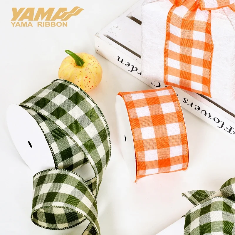 Yama Ribbon Stock Low MOQ 2.5Inch 63MM 10Yards Fall Style Linen Plaid Wire Edge Ribbon Roll