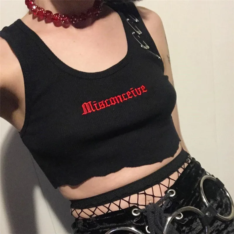 
2020 Dropshipping Pin Embroidery Letter Black Crop Summer Sexy Tops for Women Clubwear Gothic Punk Ripped Tank Tops 