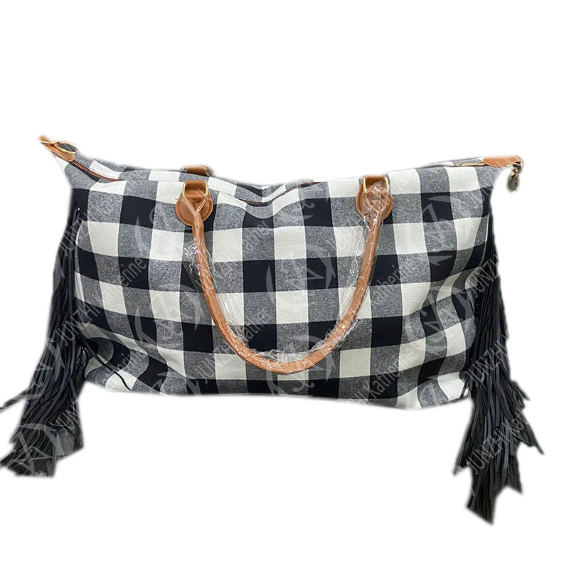 JUNZHI Red Black Buffalo Weekender Fringe Plaid Bag