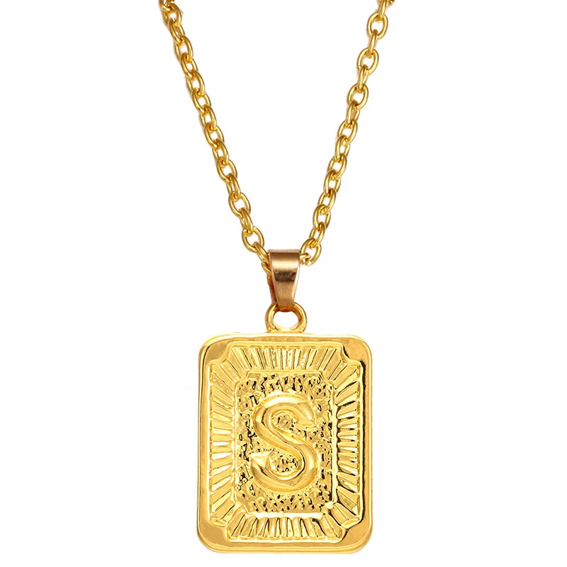 Fashion Gold Plated English 26 Letters Square Pendant Necklace Women Man Hiphop Gold Link Chain Fine Jewelry Ornaments