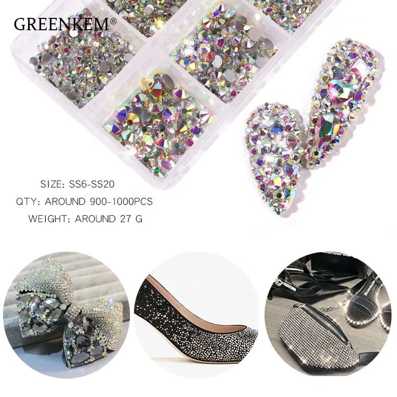 GREENKEM Crystals Kinds Of Color Nail Rhinestone Flat Bottom Multi-size Crystals Strass Gem Nail Art 3D Decoration
