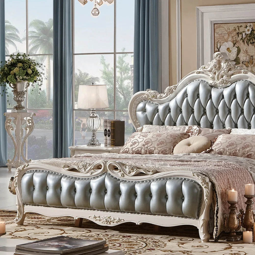 French Royal Style Bedroom Furniture Double Bed Luxury White Wood Carving Frame King Size Leather Bed