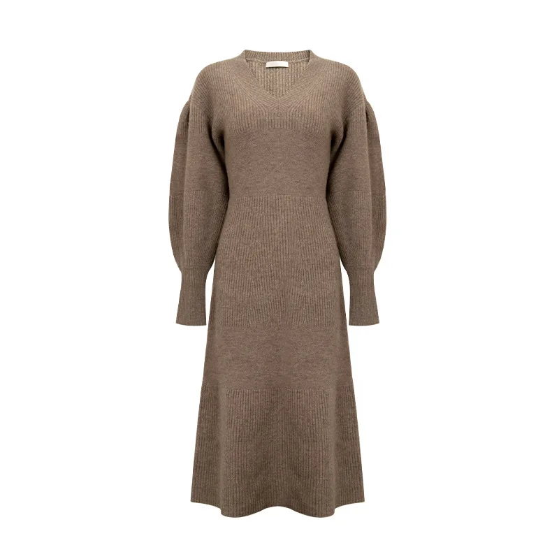 Custom 100% Cashmere Dress Women Lady Winter Knit Woman Vintage Lantern Sleeves Long Cotton Wool Cashmere Sweater Dresses