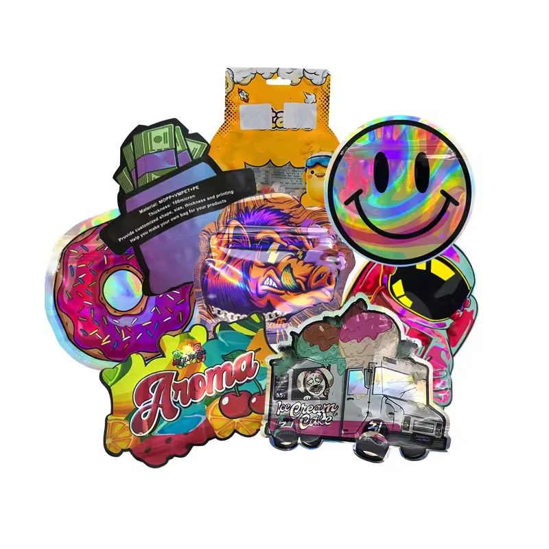 Custom Print Shape Bolsa De Mylar 5 Gallon Holographic Ziplock Smell Proof Bag Childproof Die Cut 3.5 Mylar Bags Packaging